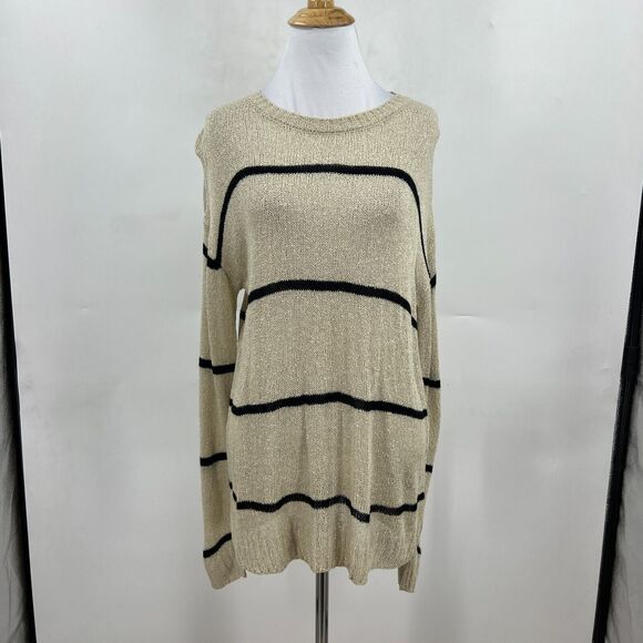 Bobeau Sweater Womens M Medium Oatmeal Black Striped Open Weave Long Sleeve Crew - Picture 4 of 13